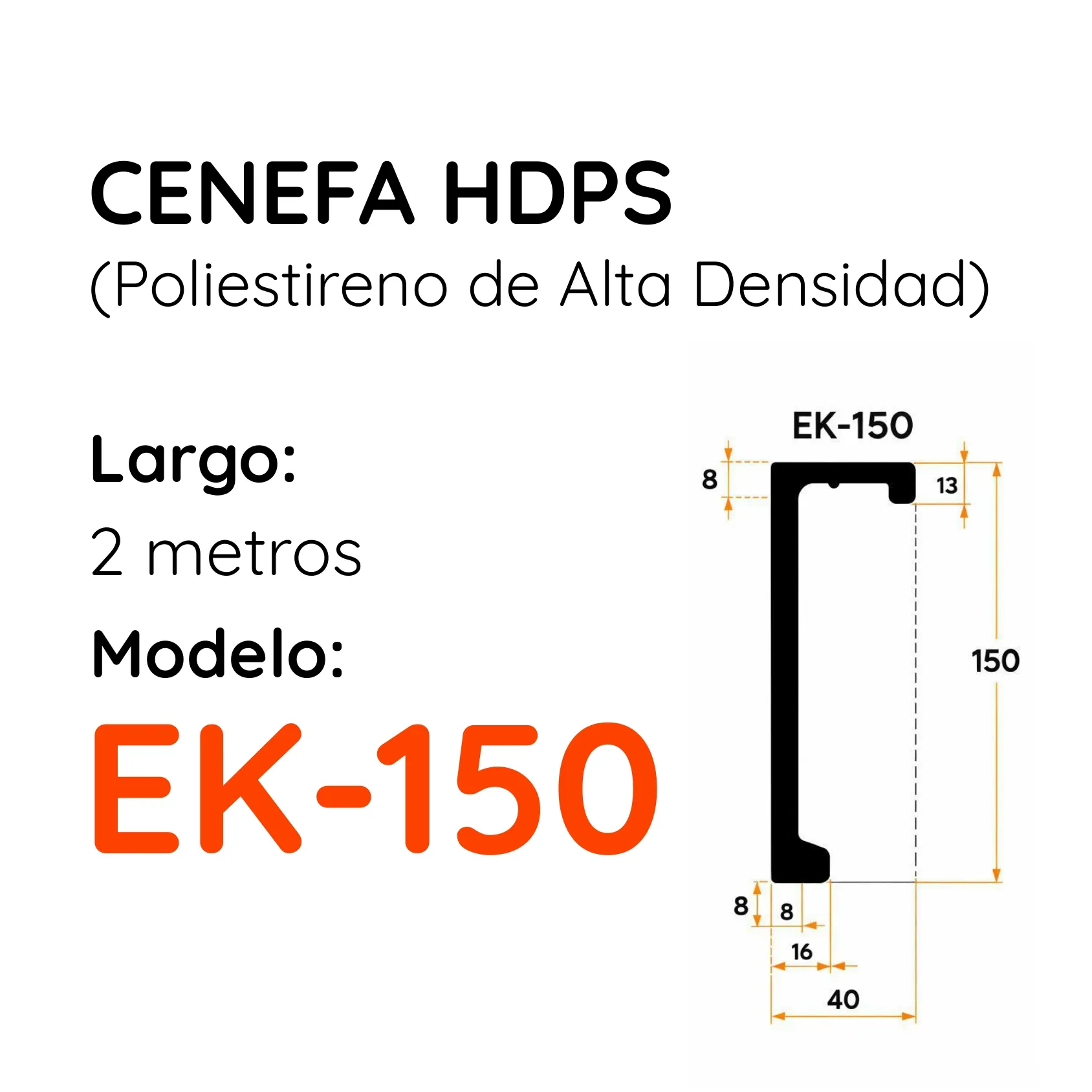Cenefa EK-150 HDPS Blanca 150 x 40mm x 2mt Caja 10 unidades