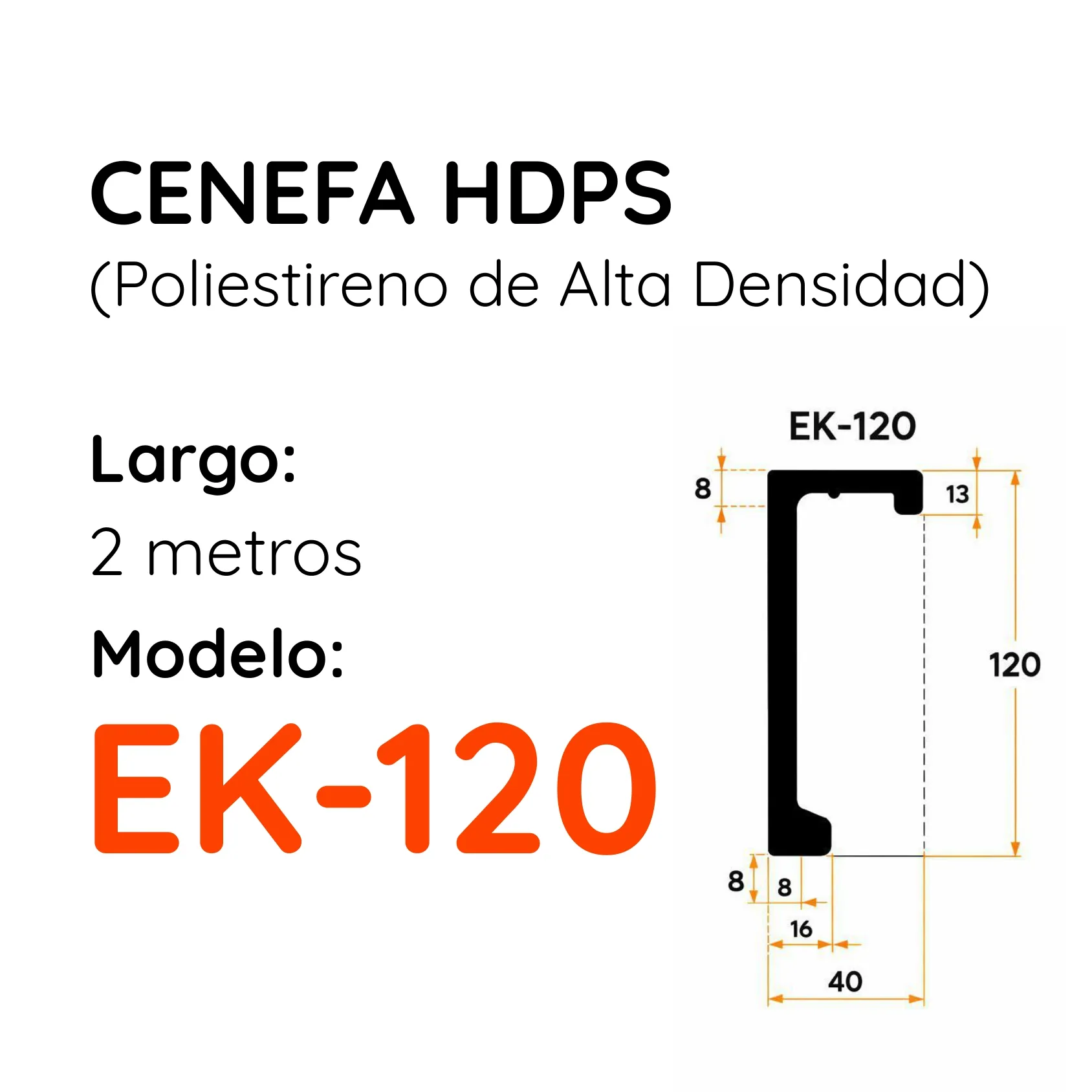 Cenefa EK-120 HDPS Blanca 120 x 40mm x 2mt 1 unidad (Solo Retiro)